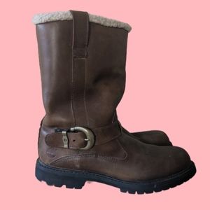 Brown Sherpa-style Timberland Motorcycle Boots buckle size 7.5